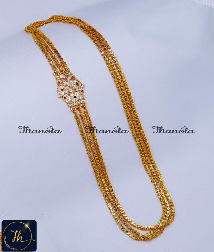 Impon Gold Design Peacock 3 Line Mugappu Chain Design Thali mugappu Latest Designs, Mugappu, Thali mugappu, Thali mugappu design, Diamond mugappu thali chain, Thali chain mugappu design, Lakshmi mugappu designs, Lakshmi mugappu chain, Lakshmi mugappu thali chain, White stone mugappu chain