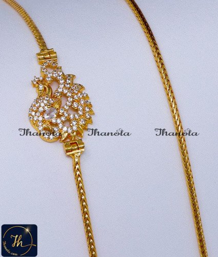 Beautiful Imitation Diamond Mugappu Thali Chain Design peacock mugappu chain, mugappu chain latest designs, gold plated mugappu chain online, one gram gold mugappu chain, mugappu chain, mugappu chain online, mugappu thali chain, mugappu pendant chain, thali mugappu design, thali chain mugappu design