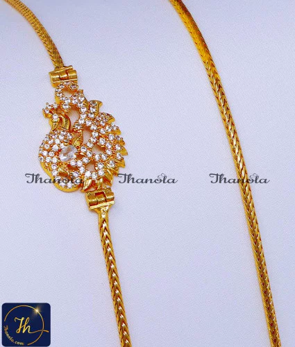 Beautiful Imitation Diamond Mugappu Thali Chain Design peacock mugappu chain, mugappu chain latest designs, gold plated mugappu chain online, one gram gold mugappu chain, mugappu chain, mugappu chain online, mugappu thali chain, mugappu pendant chain, thali mugappu design, thali chain mugappu design