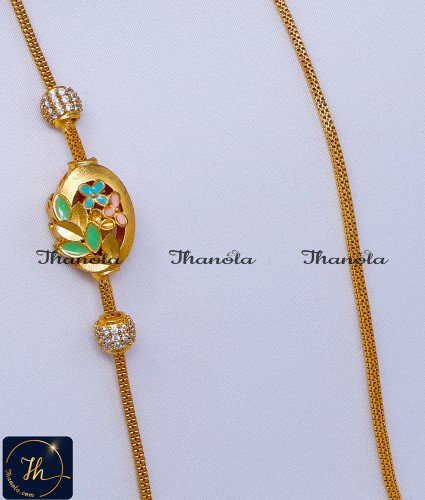 Elegant Enamel Gold Plated Mugappu Chain Online mopu chain, mugappu chain latest designs, gold plated mugappu chain online, one gram gold mugappu chain, mugappu chain, mugappu chain online, mugappu thali chain, mugappu pendant chain, thali mugappu design, thali chain mugappu design