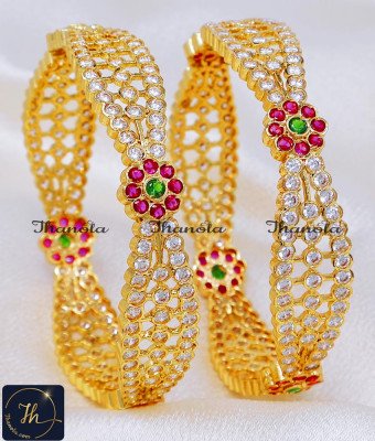 BNA1994 - 2.8 Pure Impon White and Ruby Stone Broad Bangles Set