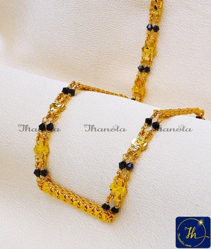 CHA1129-LG - 30 Inch Traditional Black Beads Yellow Gold Chain Design for Women