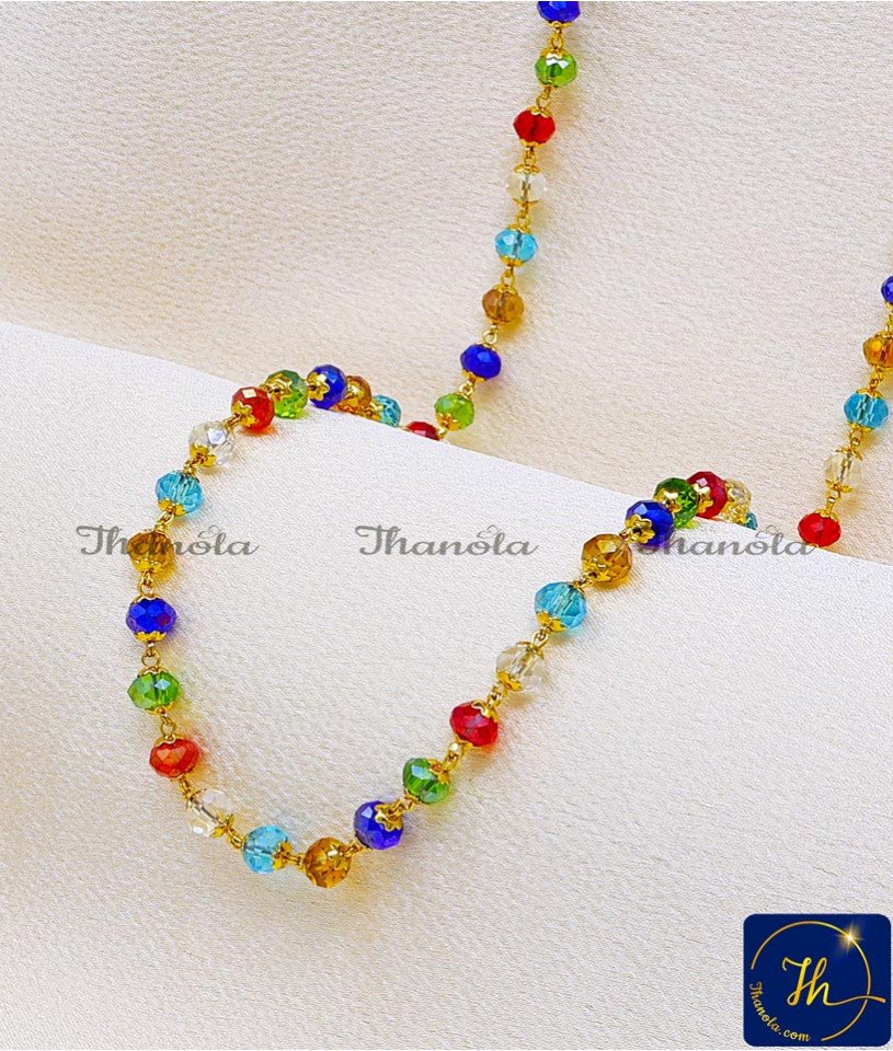 30 Inch Trendy Navarathna Mala Multi Colour Crystal Beads Chain Navaratna mala gold designs