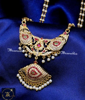DCH1316 - 30 Inch Long Sangu Design Stone Pendant with Muthu Chain