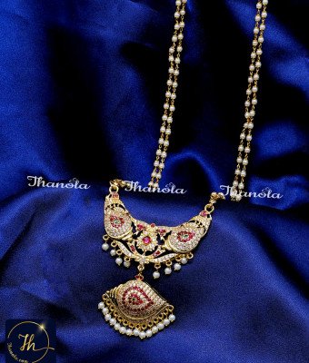 DCH1316 - 30 Inch Long Sangu Design Stone Pendant with Muthu Chain