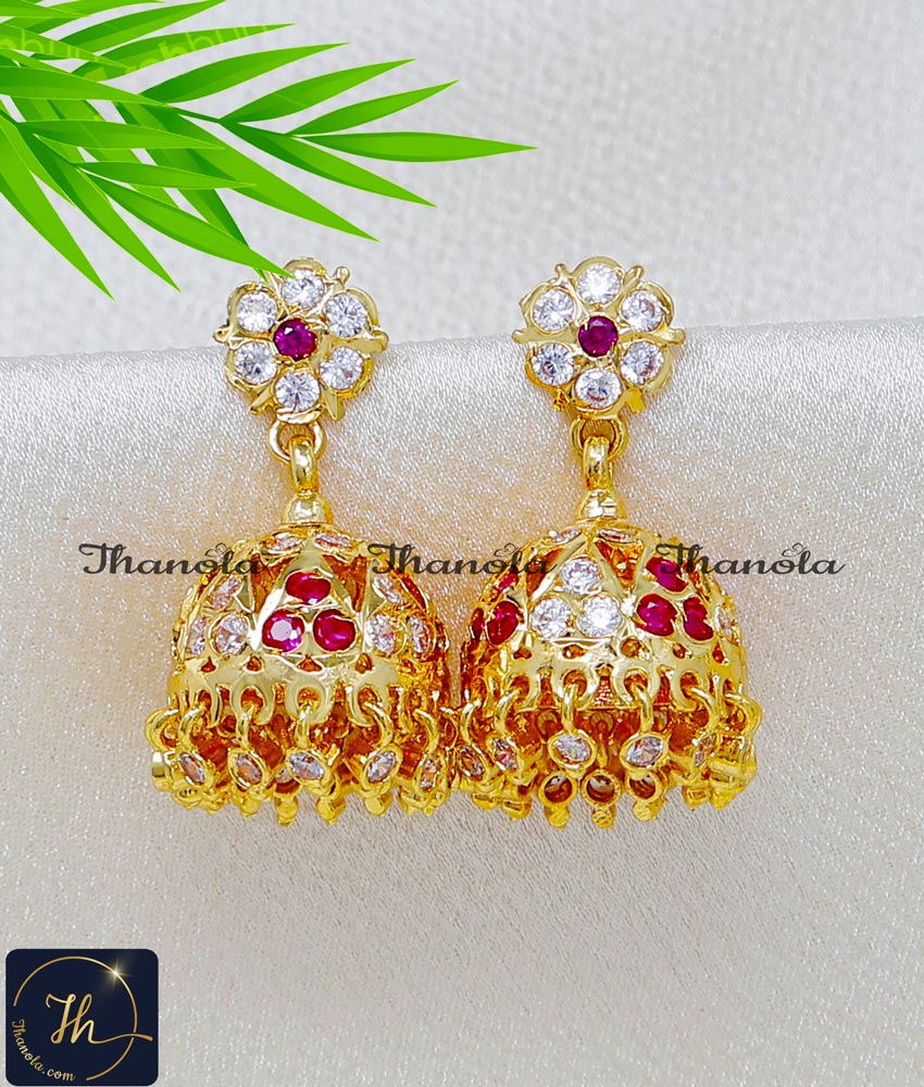 Impon White Ruby Stone Wedding Earrings Gold Jhumkas traditional wedding earrings gold jhumkas
