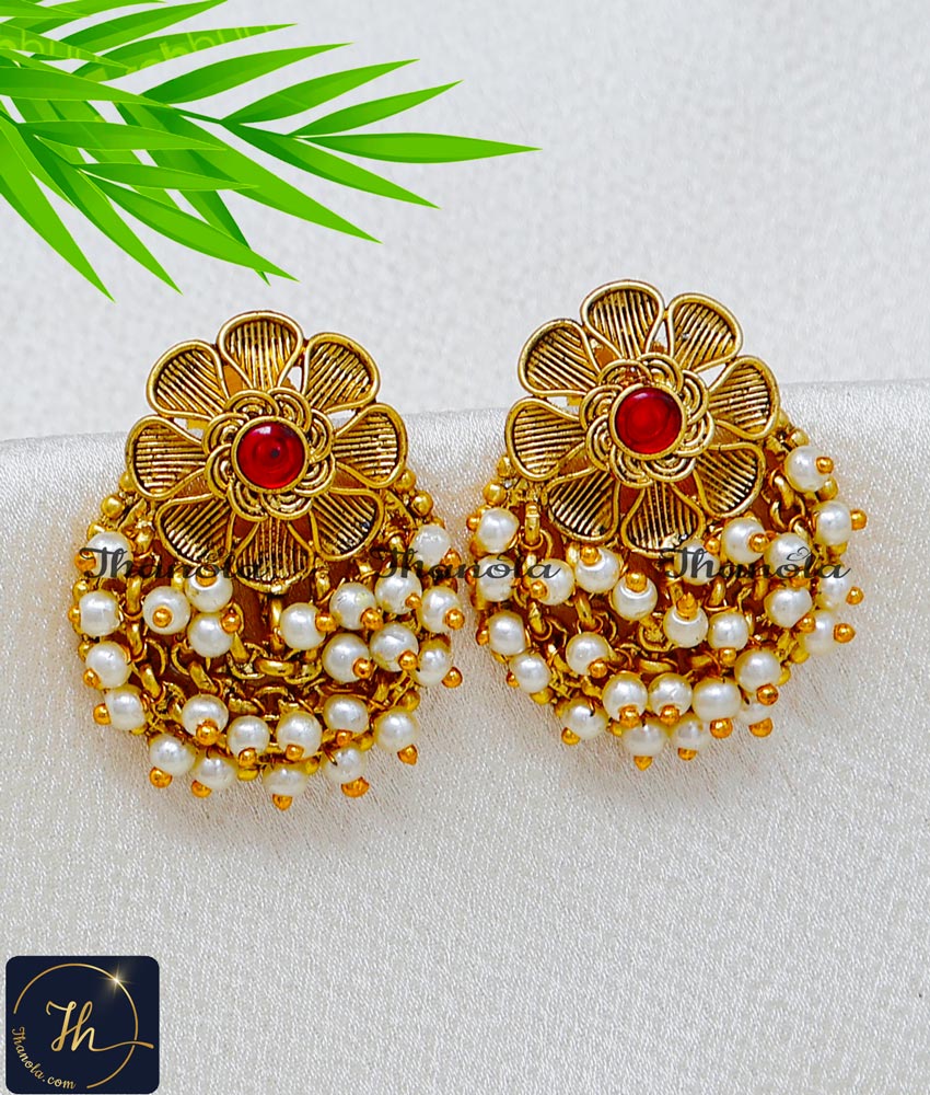 Trendy Flower Design White Beads Antique Stud Earrings antique gold earrings design