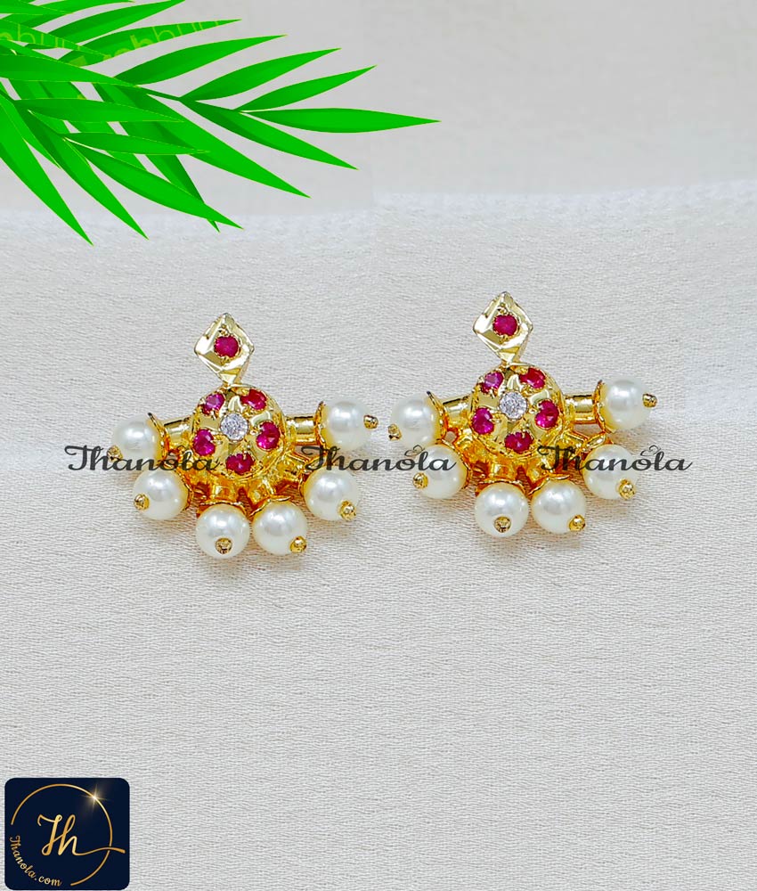 South Indian White and Ruby Impon Stud Earrings Online traditional kal thodu design