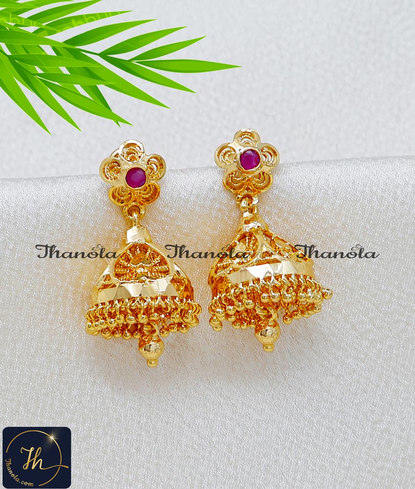 1 Gram Gold Ruby Stone Daily Wear Jhumka Earrings traditional jhumkas online