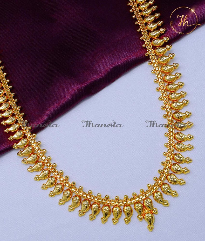 HRA1034 - South Indian Wedding Long Gold Mango Haram Designs South Indian Wedding Long Gold Plated Mango Haram Designs