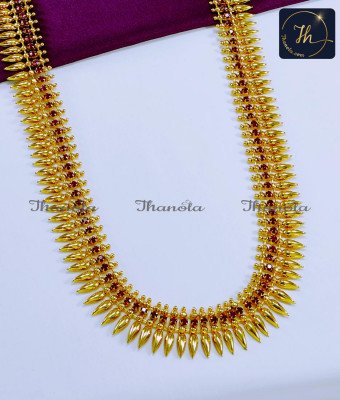 HRA1086 - Traditional Ruby Stone Yellow Gold Mullamottu Mala