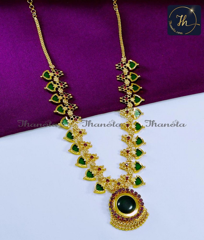 Kerala Jewellery Designs Green Ruby Stone Palakka Haram Kerala jewellery online