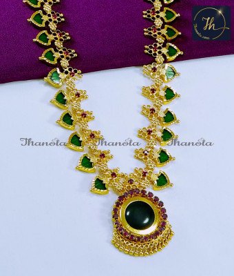 HRA1119 - Kerala Jewellery Designs Green Ruby Stone Palakka Haram