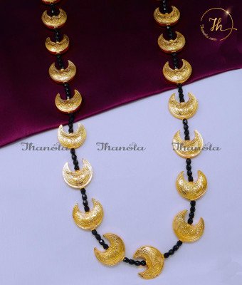 HRA1674 - Gold Design Crescent with Black Crystal Beads Kalsar Chain