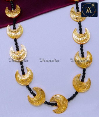 HRA1674 - Gold Design Crescent with Black Crystal Beads Kalsar Chain