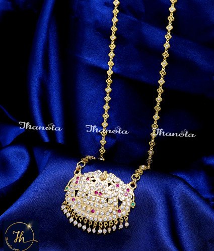 DLA1279 - 30 inch Traditional Impon Gajalakshmi Stone Pendant Chain