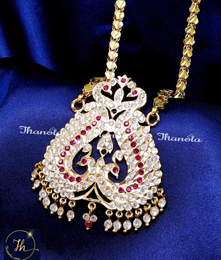 Impon Long Chain with Gold Peacock Locket Designs Stone Dollar Chain Designs