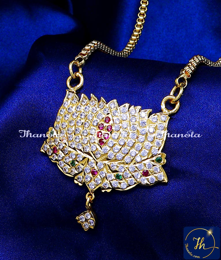 Impon Multi Stone Lotus Dollar with Long Chain Online thamarai dollar chain