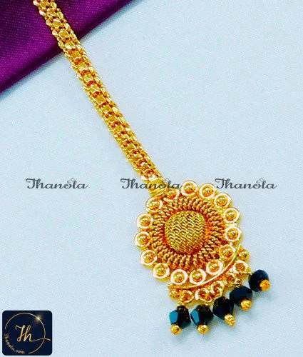 NCA1055 - Gorgeous Flower Design Maang Tikka with Black Crystal Beads Flower Design Maang Tikka