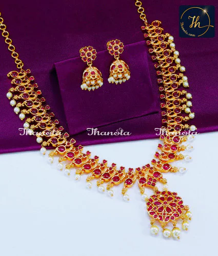 New Peacock Design Kemp Stone with Pearl Necklace Set wedding gold necklace designs, gold plated necklace, kemp necklace set, chidambaram gold covering, necklace designs new models, artificial necklace design, necklace design artificial, necklace set gold design, necklace set, stone necklace designs in gold