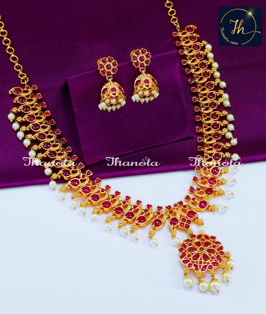 New Peacock Design Kemp Stone with Pearl Necklace Set wedding gold necklace designs, gold plated necklace, kemp necklace set, chidambaram gold covering, necklace designs new models, artificial necklace design, necklace design artificial, necklace set gold design, necklace set, stone necklace designs in gold