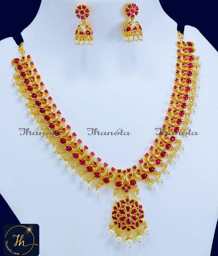 New Peacock Design Kemp Stone with Pearl Necklace Set wedding gold necklace designs, gold plated necklace, kemp necklace set, chidambaram gold covering, necklace designs new models, artificial necklace design, necklace design artificial, necklace set gold design, necklace set, stone necklace designs in gold