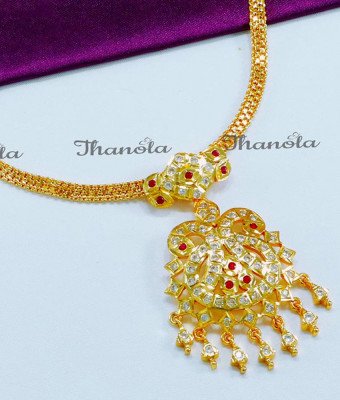 NLA0884 - South Indian Wedding White Stone Impon Attigai Necklace