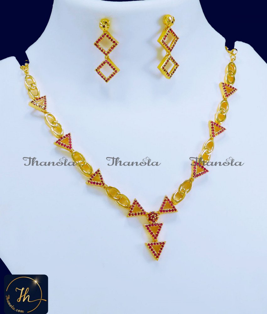 Elegant Ruby Necklace Earrings Set Gold Plated Jewelry new model simple ruby necklace designs