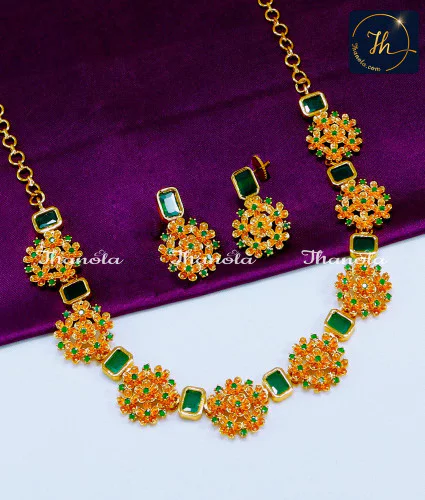 Unique Flower Design Emerald Necklace Set for Lehenga emerald necklace set