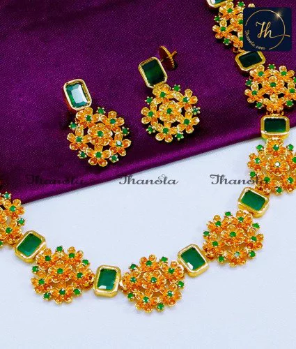 Unique Flower Design Emerald Necklace Set for Lehenga emerald necklace set