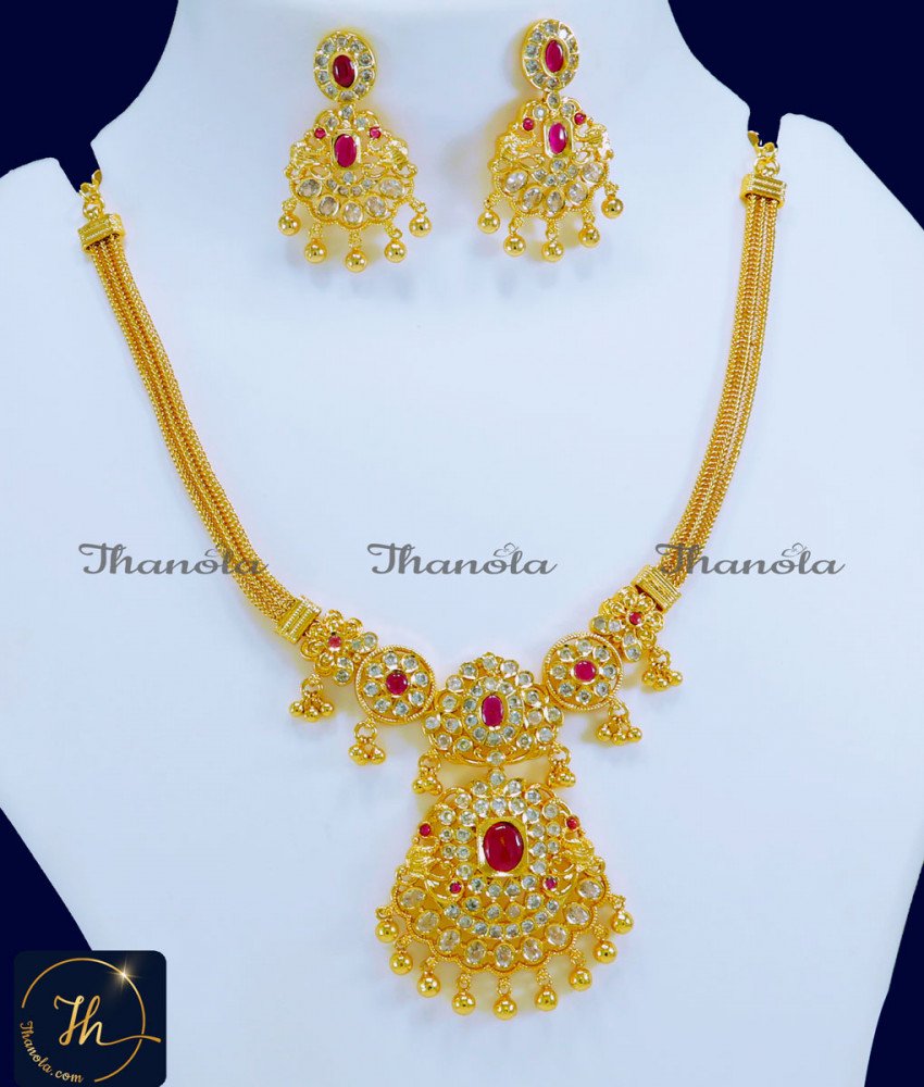 Elegant Ruby White Indian Gold Necklace Set for Women bridal gold necklace set for women