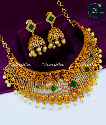 NLA0964 - Premium Quality Antique Gold Pearl Choker Necklace Set