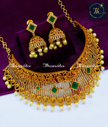 Premium Quality Antique Gold Pearl Choker Necklace Set gold antique choker necklace designs