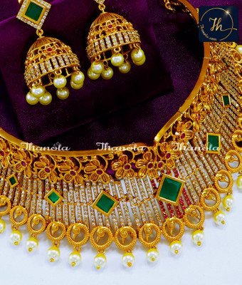 NLA0964 - Premium Quality Antique Gold Pearl Choker Necklace Set