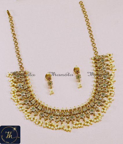 NLA1560 - New Model Gold Design Antique Necklace with White Beads