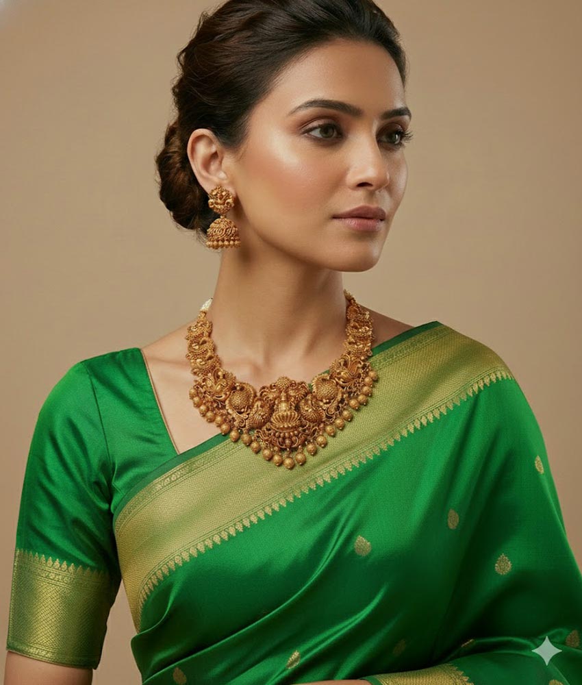 Premium quality antique temple jewellery set with traditional gold balls necklace and matching jhumka earrings for wedding bride wear